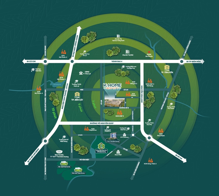 K-Home New City tọa lạc ngay “tâm xanh” thành phố mới Bình Dương - nơi tập trung hệ thống tiện ích cao cấp và đang có nhiều tập đoàn quốc tế hoạt động. Ảnh chụp từ website.