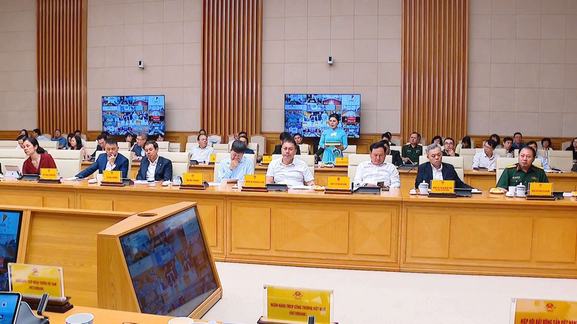 Tại phiên họp, bà Đặng Thị Kim Oanh (áo dài xanh) kiến nghị nhiều giải pháp thiết thực nhằm thúc đẩy phát triển nhà ở xã hội