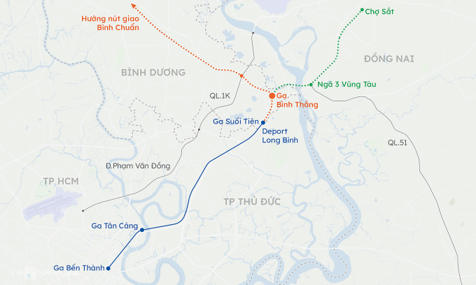 Hướng tuyến Metro số 1 và hai hướng dự định kéo dài lên Đồng Nai, Bình Dương.